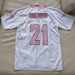 White/Pink Chargers Jersey - Tomlinson 21 - Kids XL, Women's S